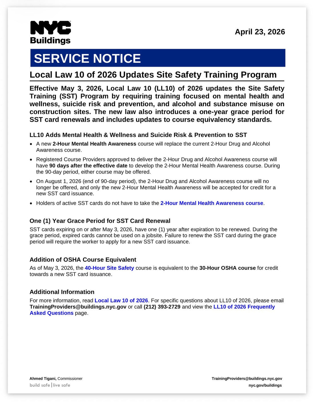 NYC DOB Service Notice - Local Law 10 of 2026 SST Program Update